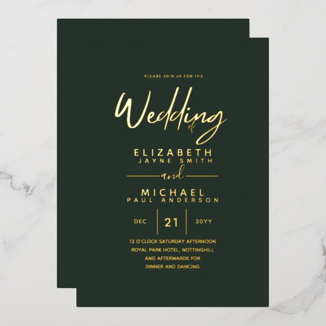 Green Gold Foil Script Elegant Modern Wedding Invitation (Front/Back)