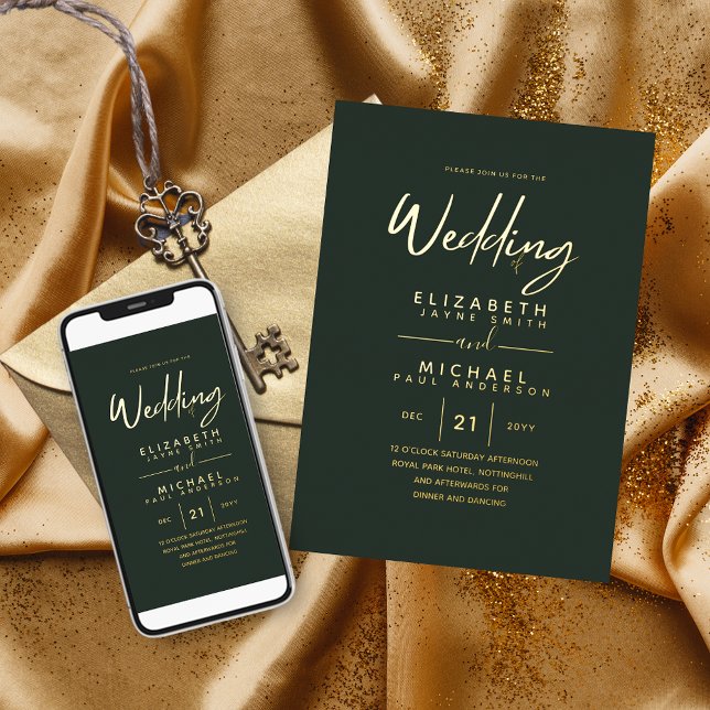 Green Gold Foil Script Elegant Modern Wedding Invitation (Creator Uploaded)