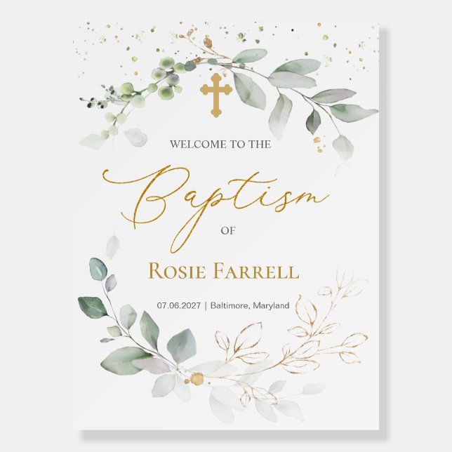 Green & Gold Foliage Baby Baptism Foam Boards (Front)