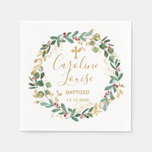 Green Gold Foliage Baby Baptism Napkins (Front)