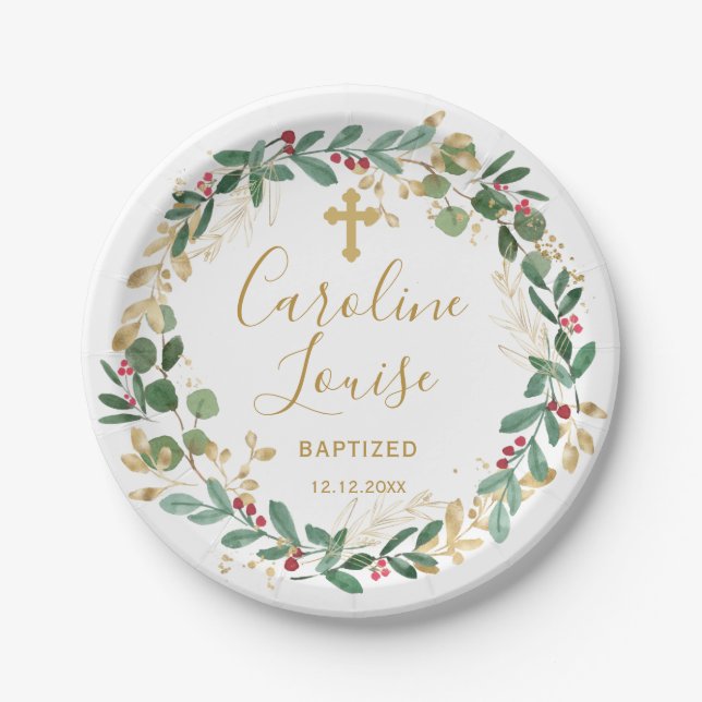 Green Gold Foliage Baby Baptism Paper Plates (Front)