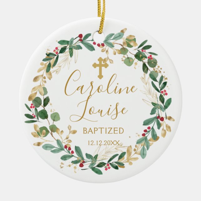 Green Gold Foliage Baby Baptism Photo Ceramic Ornament (Front)