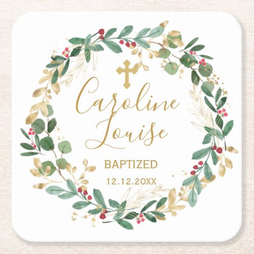 Green Gold Foliage Baby Baptism Square Paper Coaster