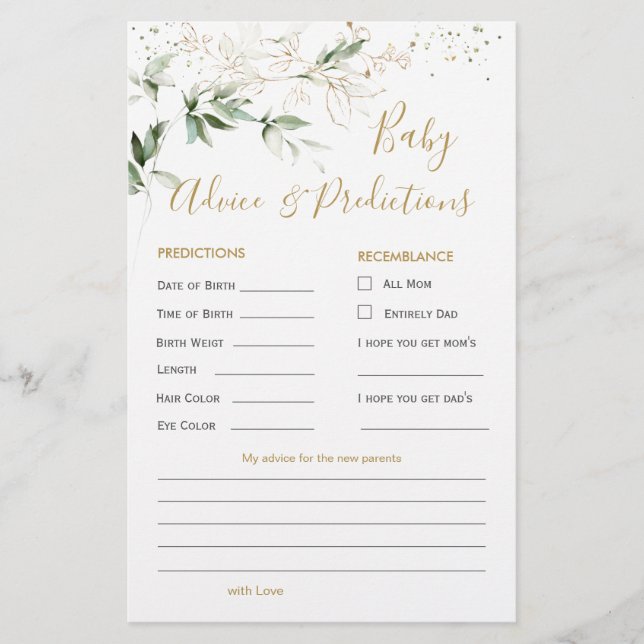 Green & Gold Foliage Baby Prediction & Advice card (Front)