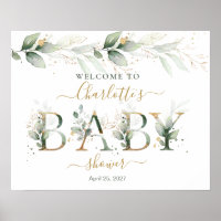 Green Gold Foliage Baby Shower Welcome Poster