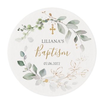 Green Gold Foliage Baptism Edible Frosting Rounds by IrinaFraser at Zazzle