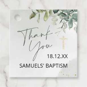 Green & Gold Foliage Baptism Favor Tag