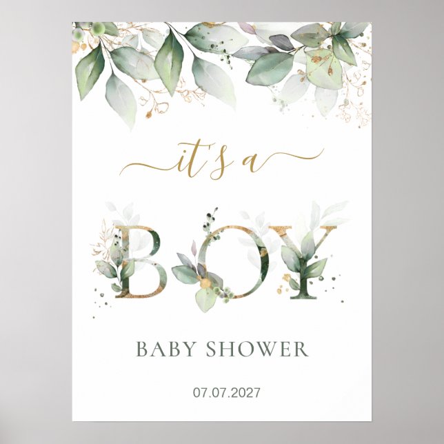 Green Gold Foliage Boy Baby Shower sign (Front)