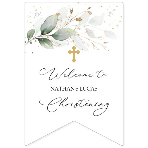 Green Gold Foliage Christening bunting banner