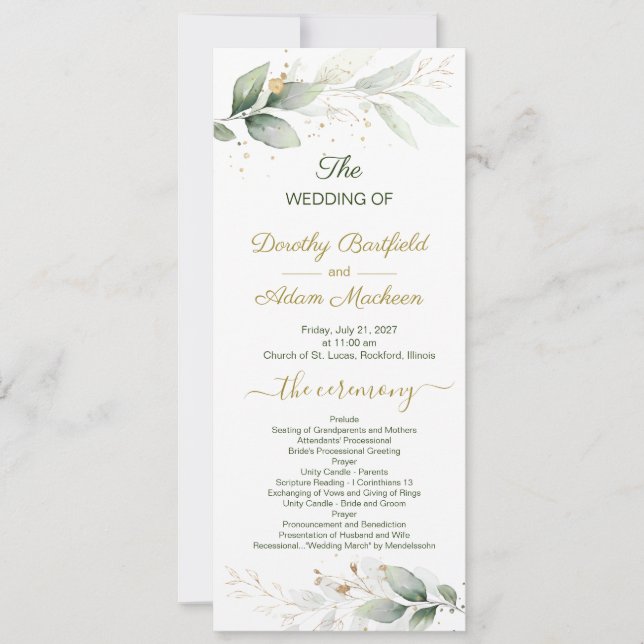 Green & gold foliage, confetti Wedding Program (Front)