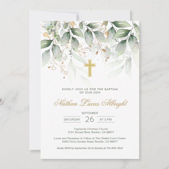 Green Gold Foliage Cross Baby Baptism Invitation (Front)