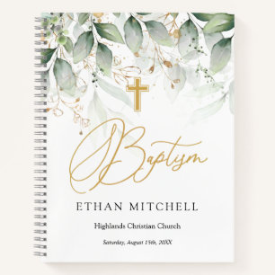 Green Gold Foliage Cross Baby Baptism Notebook