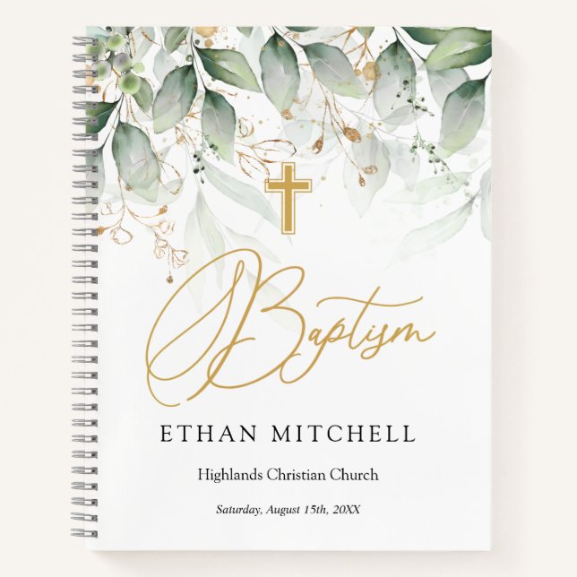 Green Gold Foliage Cross Baby Baptism Notebook (Front)