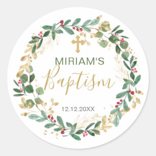 Green Gold Foliage Cross Baptism Classic Round Sticker