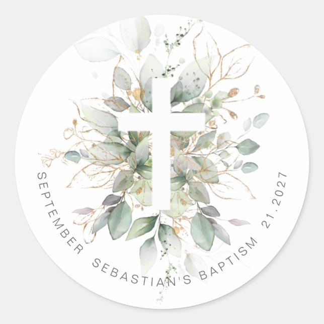 Green Gold Foliage Cross Baptism Classic Round Sticker (Front)