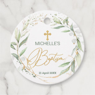 Green Gold Foliage Cross Baptism Favor Tags