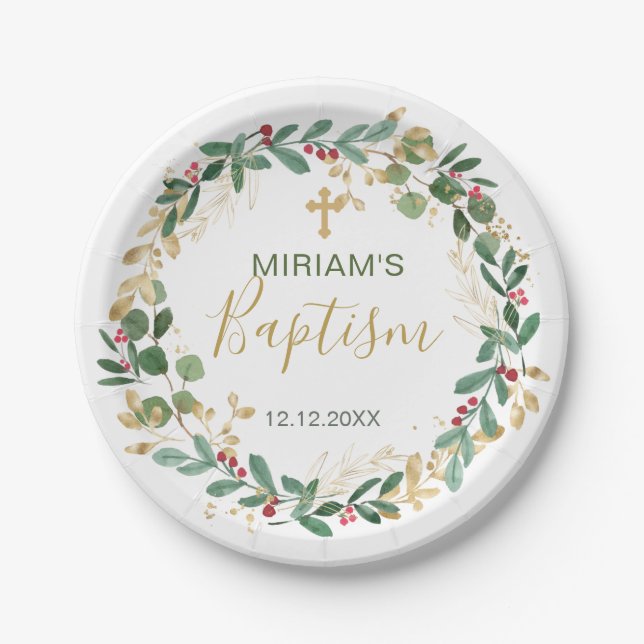 Green Gold Foliage Cross Baptism Paper Plates (Front)