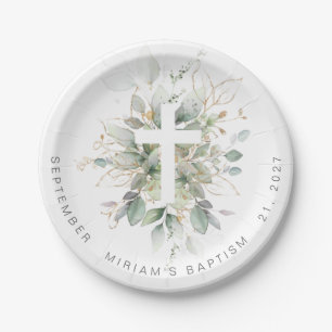 Green Gold Foliage Cross Baptism Paper Plates