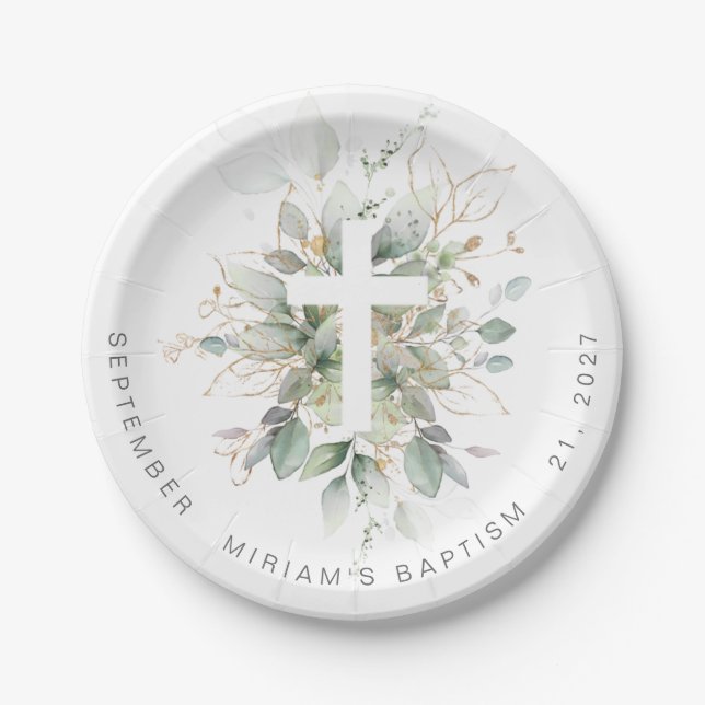 Green Gold Foliage Cross Baptism Paper Plates (Front)