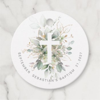 Green Gold Foliage Cross Baptism Photo Favor Tags by IrinaFraser at Zazzle