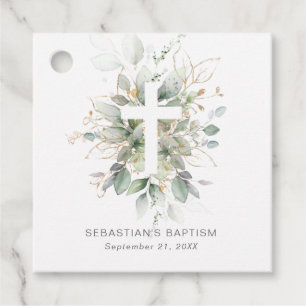 Green Gold Foliage Cross Baptism Photo Favor Tags