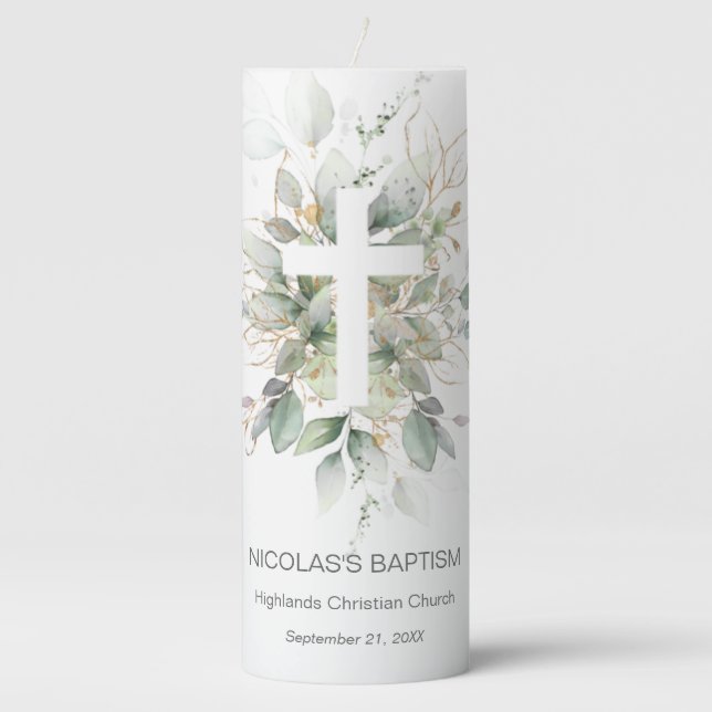 Green Gold Foliage Cross Baptism Pillar Candle (Front)