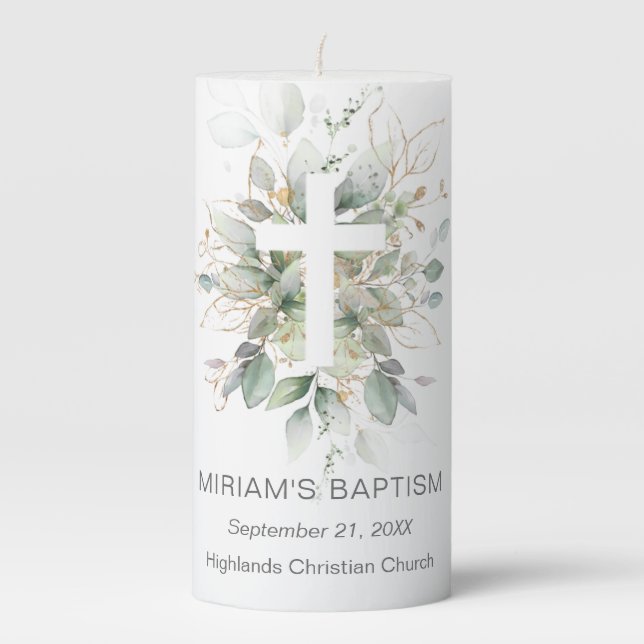 Green Gold Foliage Cross Baptism Pillar Candle (Front)