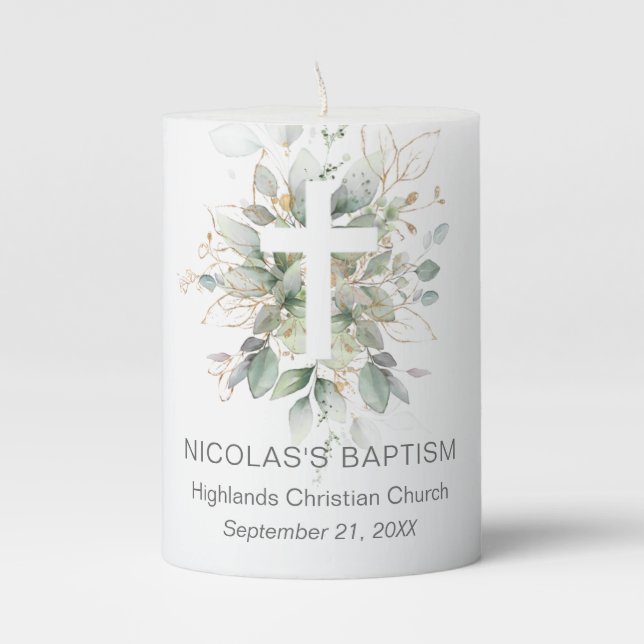 Green Gold Foliage Cross Baptism Pillar Candle (Front)
