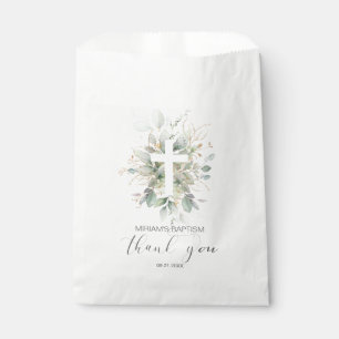 Green Gold Foliage Cross Baptism  Thank You Favor Bag