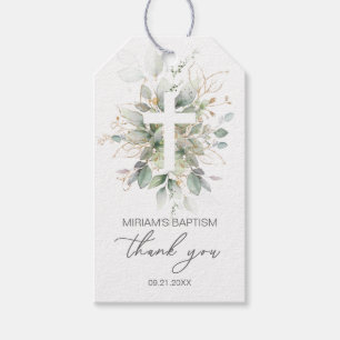 Green Gold Foliage Cross Baptism Thank You Gift Tags