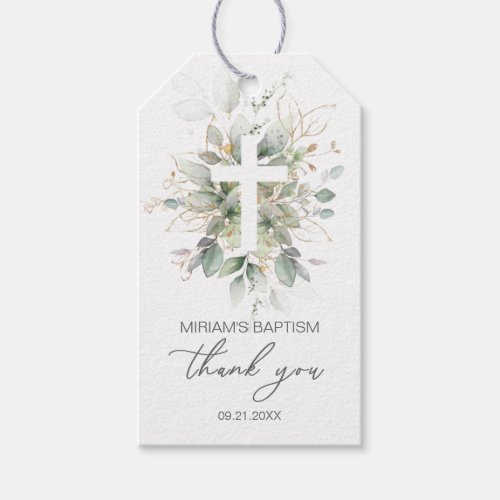 Green Gold Foliage Cross Baptism  Thank You Gift Tags