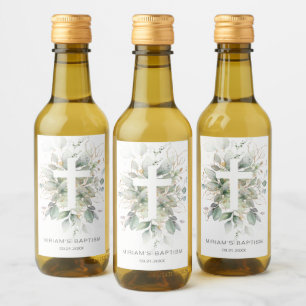Green Gold Foliage Cross Baptism Wine Label