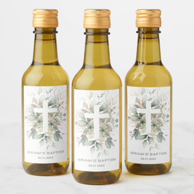 Green Gold Foliage Cross Baptism  Wine Label (Bottles)