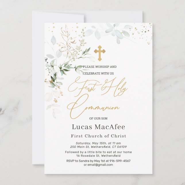 Green Gold Foliage Cross First Communion Invitation (Front)