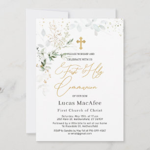 Green Gold Foliage Cross First Communion Invitation