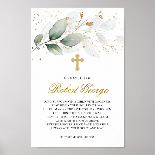 Green Gold Foliage Cross Gender Neutral Baptism Poster (Front)