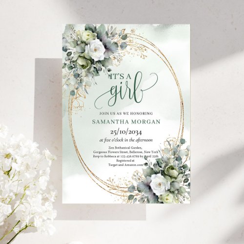 Green Gold Foliage Design It’s A Girl Invitation