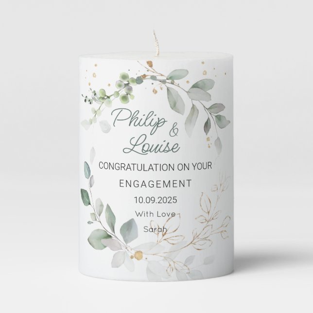 Green Gold Foliage Engagement Gift Pillar Candle (Front)