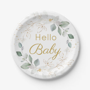 Green Gold Foliage Gender Neutral Baby Shower Pap Paper Plates