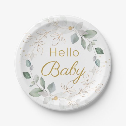 Green Gold Foliage Gender Neutral Baby Shower  Pap Paper Plates