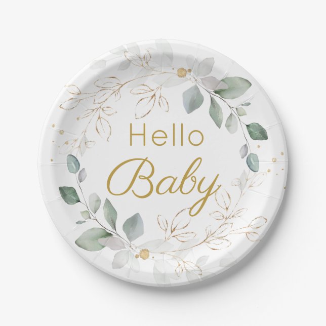Green Gold Foliage Gender Neutral Baby Shower  Pap Paper Plates (Front)