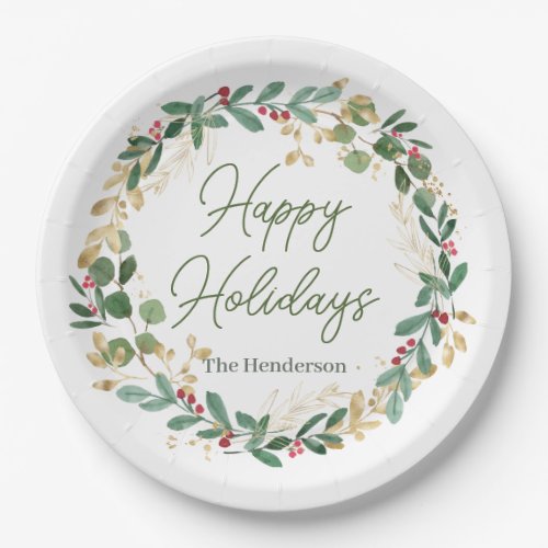 Green Gold Foliage Red Berry Christmas Paper Plat Paper Plates