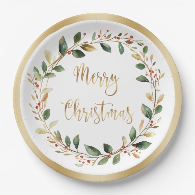 Green Gold Foliage Red Berry Christmas Paper Plates (Front)