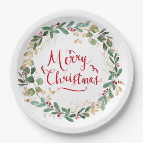 Green Gold Foliage Red Berry Christmas Paper Plates