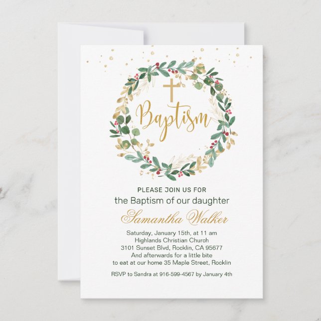 Green Gold Foliage Red Berry Cross Baptism Invitat Invitation (Front)