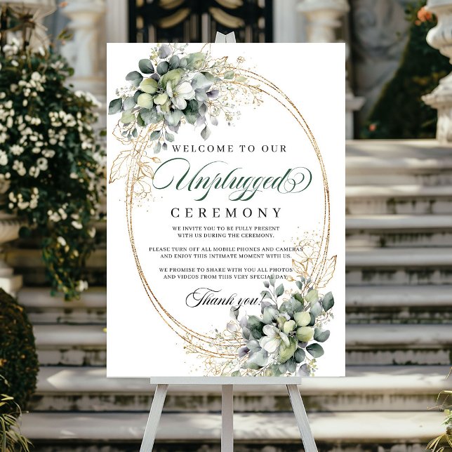 Green Gold Foliage Unplugged Ceremony Wedding Sign (Green Gold Foliage Unplugged Ceremony Wedding Poster)