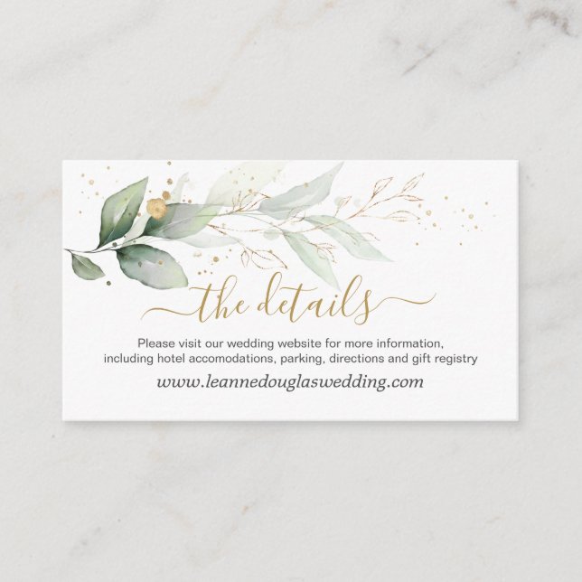 Green & gold foliage Wedding Details Website Enclosure Card (Front)
