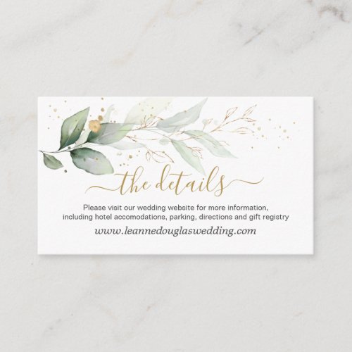 Green  gold foliage Wedding Details Website Enclosure Card