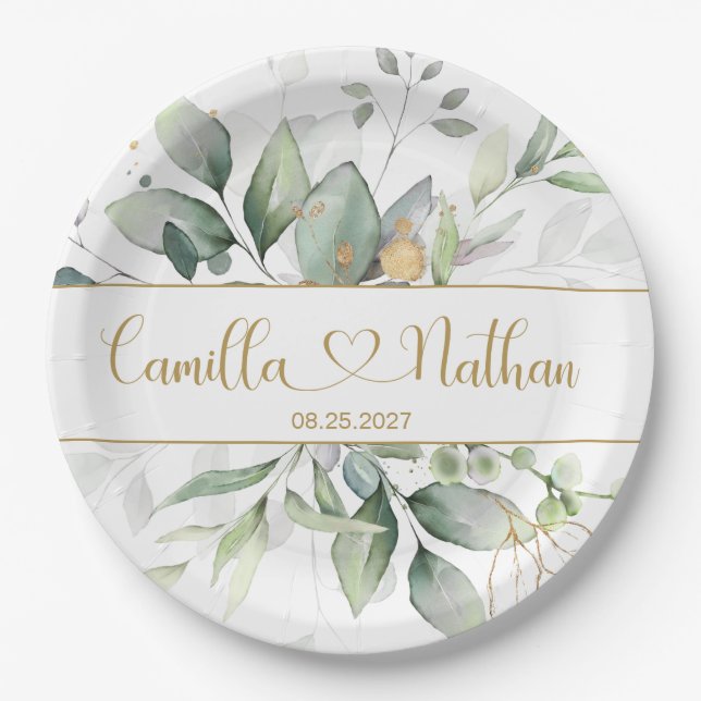 Green & Gold Foliage Wedding  Paper Plates (Front)