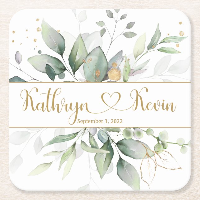 Green & Gold Foliage Wedding  Square Square Paper Coaster (Front)